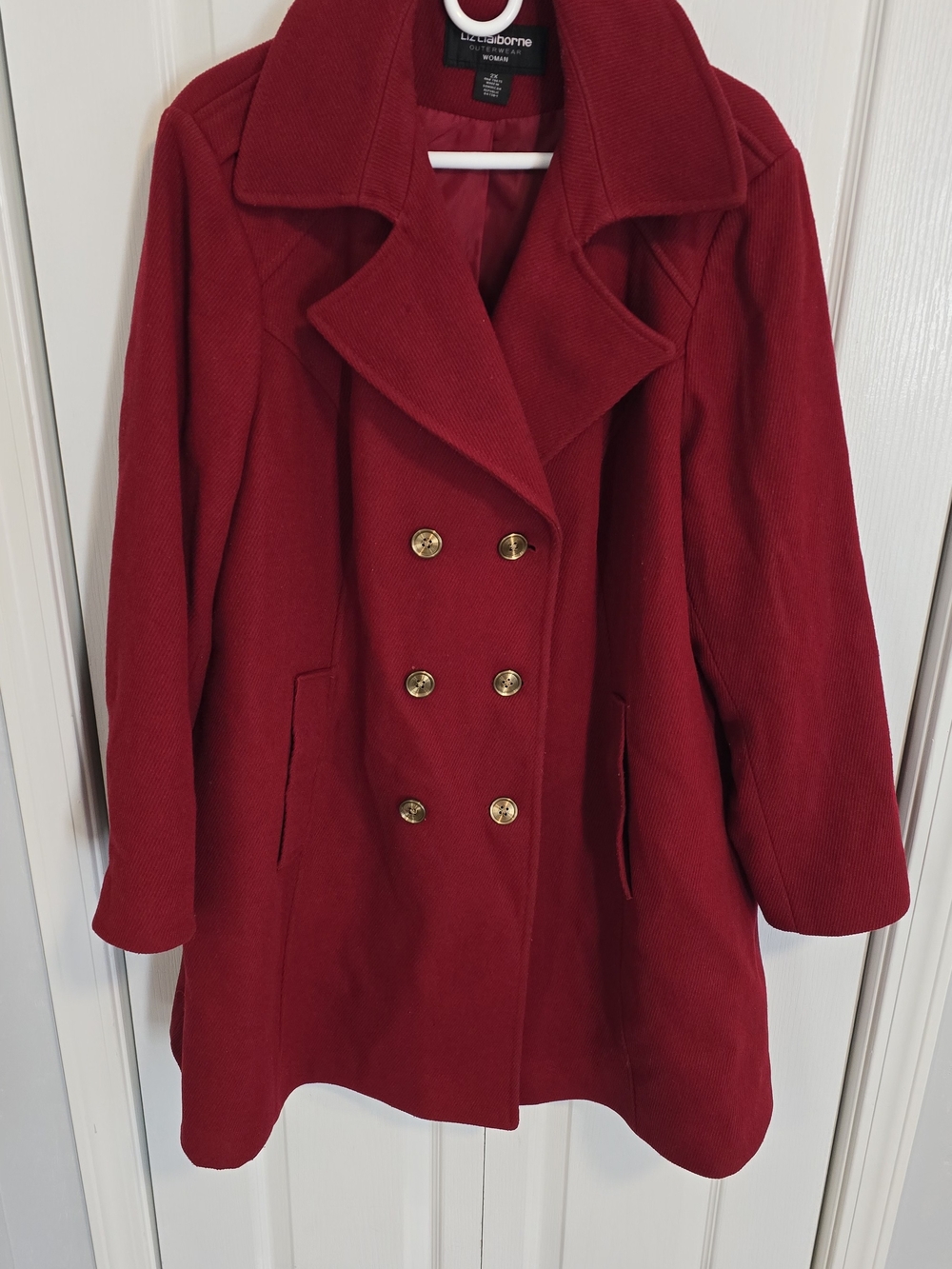 Liz Claiborne Red Double-Breasted Pea Coat with Gold Buttons